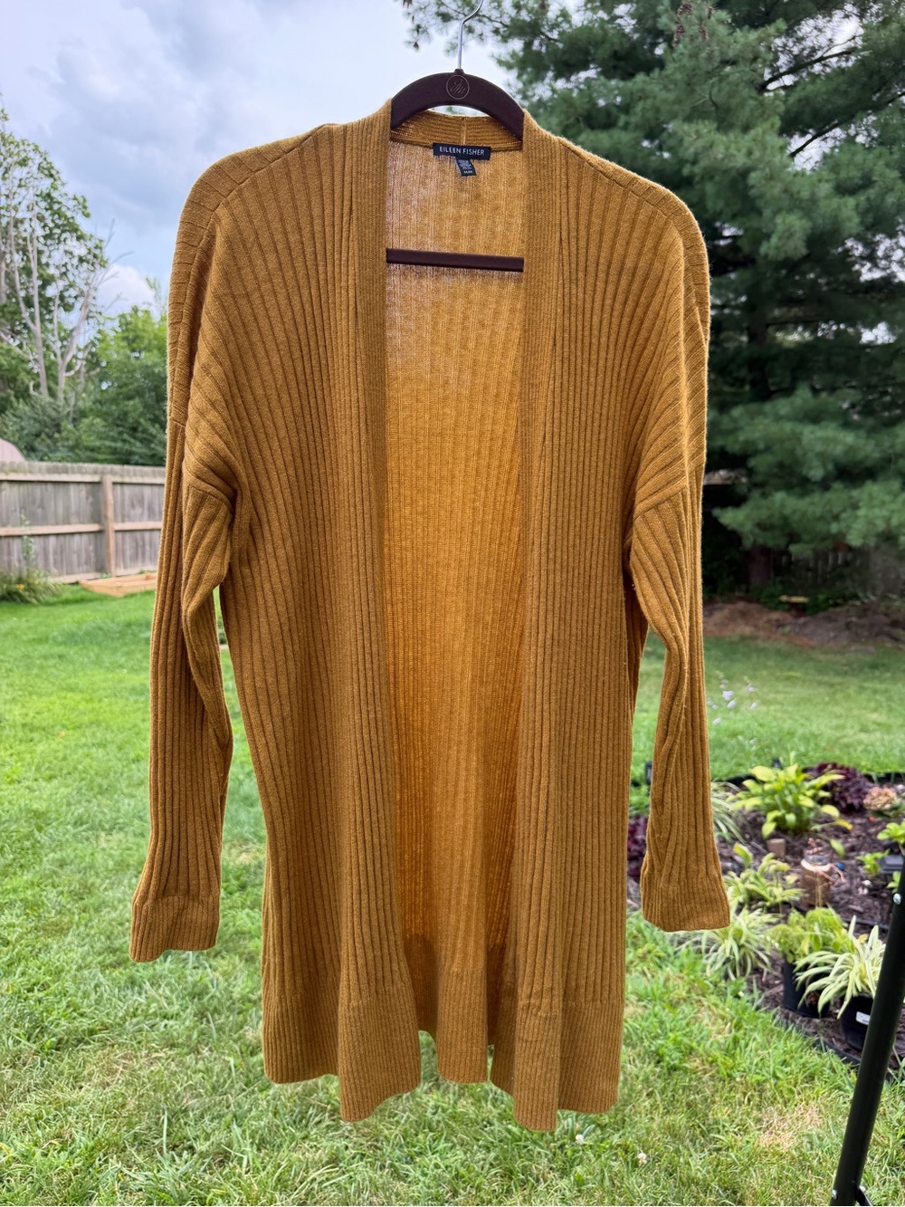 Eileen Fisher 100% Cashmere Ribbed Cardigan Medium Mustard Yellow Open Front
